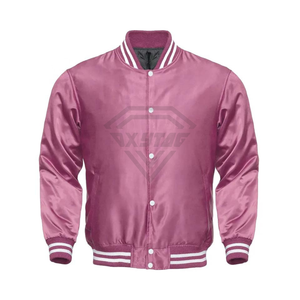 Chaqueta Varsity Rosa de Satén Personalizada para Hombre, Chaqueta Bomber de Béisbol con Ribete a Rayas, Ropa de Calle, Fabricante Mayorista OEM - Product Image 1