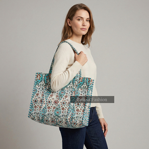Sac à bandoulière personnalisé en coton 100 % écologique imprimé au bloc, motif floral bleu sarcelle, sac de week-end matelassé – Fournisseur - Product Image 6