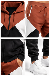 ชุดวอร์มบล็อกสีน้ำตาลสนิม-ดำสำหรับผู้ชาย เสื้อฮู้ดซิปและกางเกงจ็อกเกอร์ ชุดลำลองสำหรับออกกำลังกาย ฟิตเนส วิ่ง และสตรีทแวร์ - Product Image 6