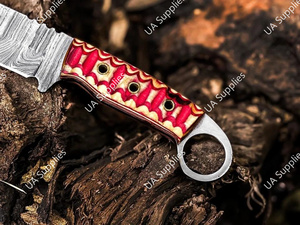 มีดเหล็กดามัสกัสเกรดอุตสาหกรรม ด้ามจับแบบเต็มด้าม ปลายมีดแบบดรอปพอยต์ ผลิตด้วยมือ สำหรับกิจกรรมกลางแจ้ง แคมป์ปิ้ง ยุทธวิธี เอาตัวรอด มีรูสำหรับนิ้ว OEM/ODM - Product Image 5