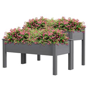 Fioriera Rialzata a 2 Livelli Grigia per Esterni con Drenaggio, Contenitore in Legno con Gambe in PP per Fiori, Verdure ed Erbe Aromatiche - Product Image 1