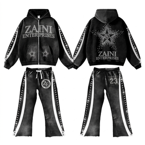 ZAINI Men's Winter Streetwear 350 GSM Premium Cotton Fleece Solid <b>White</b> Side Panel Hoodie <b>Jogger</b> Rhinestone Front Logo - Product Image 1