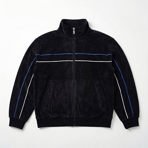 Black Velvet Blue White Stripe Track Jacket| Stand Collar Zip Up Velour Bomber |Retro Streetwear Jacket| Custom OEM Manufacturer - Product Image 1