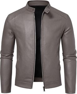 Chaqueta de Motociclista de Cuero PU Gris para Hombre, Corte Ajustado, Cuello Alto, Cierre de Cremallera, Manga Larga, Estilo Otoñal - Product Image 1
