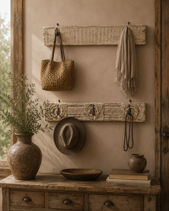 Porte-manteau mural vintage en bois à quatre panneaux, sculpté à la main avec motif floral, pour serviettes, manteaux, clés, foulards et décoration intérieure - Product Image 3