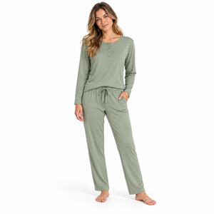 Women's Sage Green <b>Lounge</b> <b>Set</b> Long Sleeve Henley Top Drawstring Straight Leg Pants Casual <b>Two</b> <b>Piece</b> Pajama <b>Set</b> Wholesale OEM B2B - Product Image 1