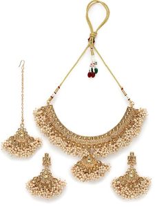 Gold Plated Alloy Necklace Earrings Headpiece <b>Set</b> Imitation <b>Pearls</b> Tassel Design Classic Women's Anniversary Fashion <b>Jewelry</b> - Product Image 5