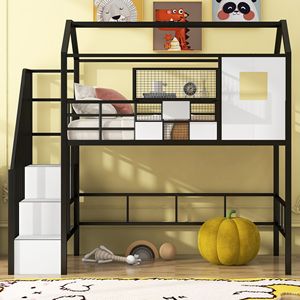 Letto a soppalco doppio in metallo nero con design del tetto unico e contenitore portaoggetti per camerette dei bambini - Product Image 3