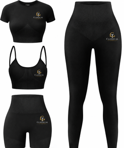 Ensemble de yoga 4 pièces Tendances Classiques Noir Taille haute Sans couture Crop top Leggings Shorts Bretelles Longueur intégrale Extensible dans quatre directions - Product Image 1