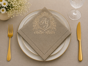 Embroidered <b>Linen</b> <b>Cloth</b> Napkin Square Dinner Napery Beige <b>Table</b> Decor Custom Monogram Wedding Dining - Product Image 1