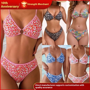 Ensemble bikini femme personnalisé à motif floral et carreaux, avec détails anneau, maillot de bain triangle, passepoil contrastant, deux pièces 2026 - Product Image 4