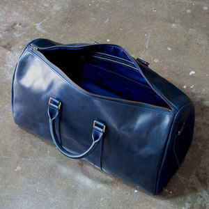Custom Logo Genuine <b>Leather</b> Duffle <b>Bag</b> Blue Solid Color Zipper Closure Casual Travel <b>Bag</b> 30-40L Capacity <b>Soft</b> Handle - Product Image 6