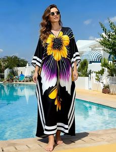 V Neck Floral Maxi Abaya <b>Dress</b> Three Quarter Sleeve <b>Loose</b> Fit Beach Wear Women's Polyester Modest Summer Style - Product Image 3