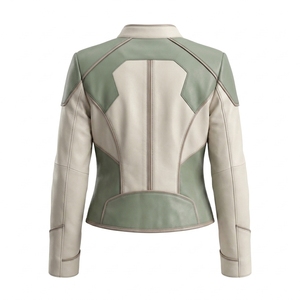 White Cream Green Panel Genuine Leather Women <b>Cafe</b> <b>Racer</b> Motorcycle <b>Jacket</b> Band Collar Zip Front Outerwear Coat - Product Image 2
