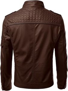Men's Brown Lambskin <b>Leather</b> Biker <b>Jacket</b> Slim Fit Zipper Closure Stand Collar Regular Length Solid Color <b>Jacket</b> - Product Image 3