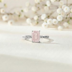 925 Sterling <b>Silver</b> Classic Natural Rose Quartz <b>Emerald</b> Cut Handmade <b>Ring</b> for Wedding Engagement Anniversary or Party Gift - Product Image 1