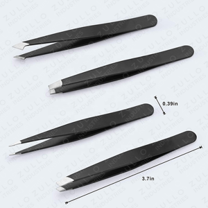 4PCS Black Coated Eyebrow Tweezers Set Pointed Square Slant Angled Tip <b>Makeup</b> <b>Tools</b> with PU Leather Pouch OEM - Product Image 3