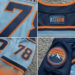 Premium Mountain Graphic Ice Hockey Shirt Long Sleeve Soccer Jersey <b>Light</b> Blue and Orange Men's Custom Team Training Apparel - Product Image 3