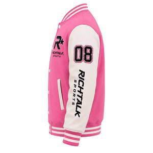 Chaqueta Varsity Unisex Sólida Rosa y Blanca con Letras Bordadas, Estilo Casual, Invierno, Corte Regular, Cierre de Botón Sencillo, Cuello Alto - Product Image 3