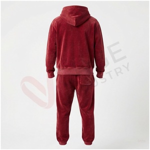 Unisex Red <b>Velour</b> <b>Tracksuit</b> Set Full Sleeve Hooded Zipper Front Solid Color Casual Winter Wear Regular Fit Adults - Product Image 2