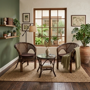 Sillón de mimbre natural vintage hecho a mano, silla de barril tejida con caña, acabado marrón oscuro, asiento acolchado para sala de estar - Product Image 3