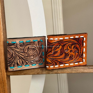 หนังแท้แบบพับสองทบสำหรับผู้ชายสไตล์ตะวันตกแบบเย็บด้วยมืออุปกรณ์ด้วยมือที่เก็บบัตรเครดิตทำมือดีไซน์ยาวหรูหรา - Product Image 3