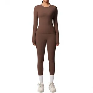 Women's 2 Piece Solid <b>Brown</b> Yoga Set Crew Neck Long Sleeve High Waist Seamless <b>Leggings</b> Full Length Spandex Polyester Activewear - Product Image 1