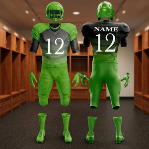 Kit d'uniforme de football américain personnalisé vert et gris avec maillot numéro 12, casque, gants et chaussettes - Product Image 5