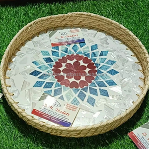 Ensemble de plateaux en rotin incrusté de nacre abordable de luxe tissé à la main Design rond parfait pour la décoration intérieure Boho et moderne - Product Image 4