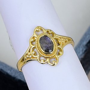 S925 Sterling <b>Silver</b> Bezel Set Natural Labradorite Vintage <b>Ring</b> Oval Cut Gemstone Yellow Gold Plated Ornate <b>Band</b> Engagement <b>Ring</b> - Product Image 2
