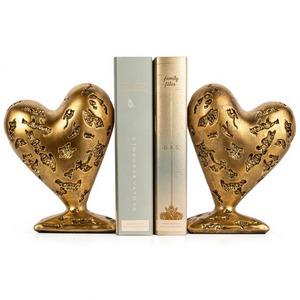 Gold Plated Heart Bookends 2Pcs Engraved Contemporary Sculptural Metal Decor for Home Office Desk Accessories - Product Image 1