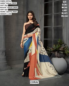 Sari Tradicional Blanco de Crepé Malai de Lujo para Mujer, Sin Arrugas, Absorbente de Humedad, para Bodas de Verano, Diwali y Fiestas - Product Image 4