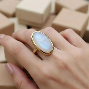 Anillo de Piedra Lunar Arcoíris Natural de Diseño Moderno, Plata de Ley 925, Chapado en Oro de 18K, Joyería Bohemia Hecha a Mano para Mujer - Product Image 1