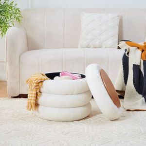Pouf Contenitore Rotondo Moderno in Sherpa con Vassoio Ribaltabile, Sgabello da Toeletta in Teddy, Sedia Imbottita per Trucco, Arredo Casa - Product Image 4