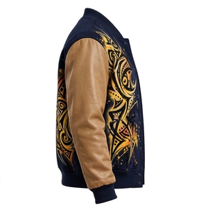 Veste d'hiver en laine avec manches en simili cuir, coupe-vent, écologique, imprimé graphique, col montant, fermeture à boutons pression, pour homme - Product Image 3