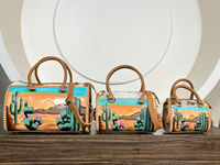 Sac de voyage fourre-tout en cuir de vachette occidental grand format 15'' Speedy, peint à la main motif cactus du désert, sac de voyage boutique en cuir pour femme