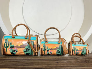 Sac de voyage fourre-tout en cuir de vachette occidental grand format 15'' Speedy, peint à la main motif cactus du désert, sac de voyage boutique en cuir pour femme - Product Image 4