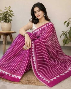 KV Women's Striped Daily Wear Cotton Blend <b>Saree</b> with Unstitched Blouse (<b>Purple</b>) Reversible Quick Dry Traditional Style Autumn - Product Image 1