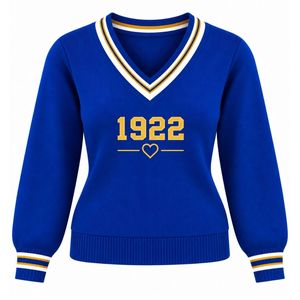 Pull en tricot personnalisé pour femme, col en V, manches longues, bordure à rayures contrastées, design de lettres personnalisées, décontracté pour tous les jours - Product Image 1