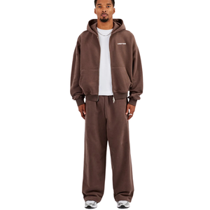Men's Two Piece Hooded Tracksuit Full Zip Sweatshirt Drawcord Hem Elastic Waist Wide Leg <b>Trousers</b> Loose Casual Lounge Outfit Set - Product Image 1