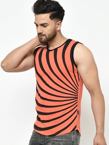 Camiseta sin mangas para hombre, a rayas naranja y negras, cuello redondo, informal, de punto, transpirable, de poliéster, ajustada - Product Image 5