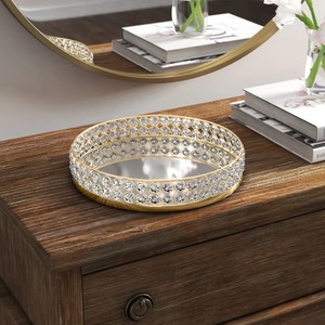 Round <b>Mirrored</b> Storage <b>Tray</b> With Crystal Beaded Gold Frame Modern Luxury Design For Table Use - Product Image 2