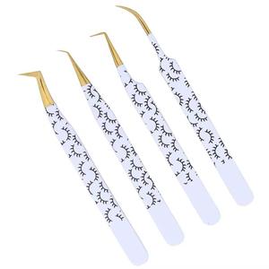 Ensemble de pinces à cils, 4 pièces, motif blanc et noir, pointe dorée, précision en acier inoxydable, pour extension de cils - Product Image 3