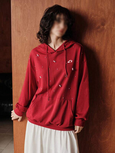 Sudadera con Capucha Extra Grande para Mujer, Color Borgoña, Mezcla de Algodón, Adornada con Perlas, Estilo Casual Urbano, Fabricante con Logotipo Personalizado - Product Image 5