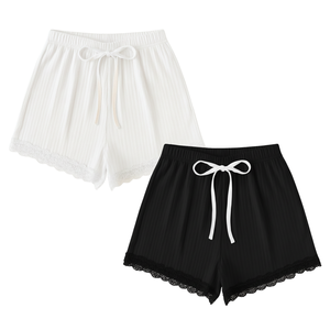 Private Label Women High Breathable Ribbed Knit <b>Lace</b> Trim <b>Elastic</b> Shorts Lightweight Soft Knit Casual Shorts Fashion Clothing - Product Image 1