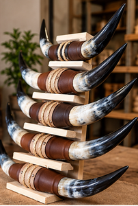 Décoration murale rustique artisanale en corne de bœuf naturelle, paire de cornes de Longhorn avec enveloppe en cuir et support en bois - Product Image 3