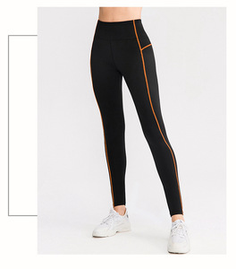 <b>Women's</b> High Waist Full Length Yoga <b>Leggings</b> Solid Black with Purple Side Stripe Contrast Stitch Spandex Breathable 2-Piece Set - Product Image 2