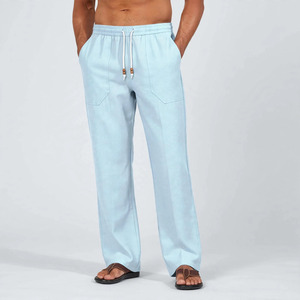 Men's Beige Polyester/Cotton Oxford <b>Trousers</b> Straight Fit Mid Waist <b>Drawstring</b> Closure Casual Autumn Midweight Breathable Quick - Product Image 1