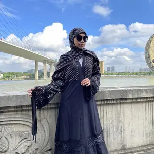1805 # Trending abito lungo a pois bianco davanti aperto abaya con pizzo nero dubai cardigan abbigliamento islamico