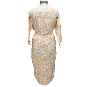 Robe Kimono Élégante à Imprimé Floral Longue en Satin pour Femme Col en V Manches Trois-Quarts Fermeture à Ceinture Printemps 100% Coton Séchage Rapide - Product Image 5